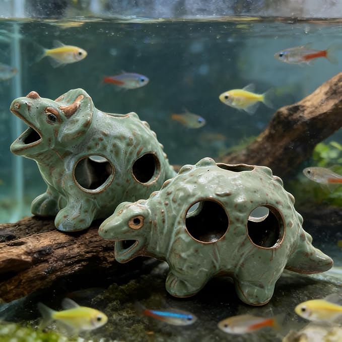 M2cbridge Aquarium Ceramic Cave Rock for Betta Shrimp Cichlid Fish Hideout Decor (Small Dinosaur 2pcs)