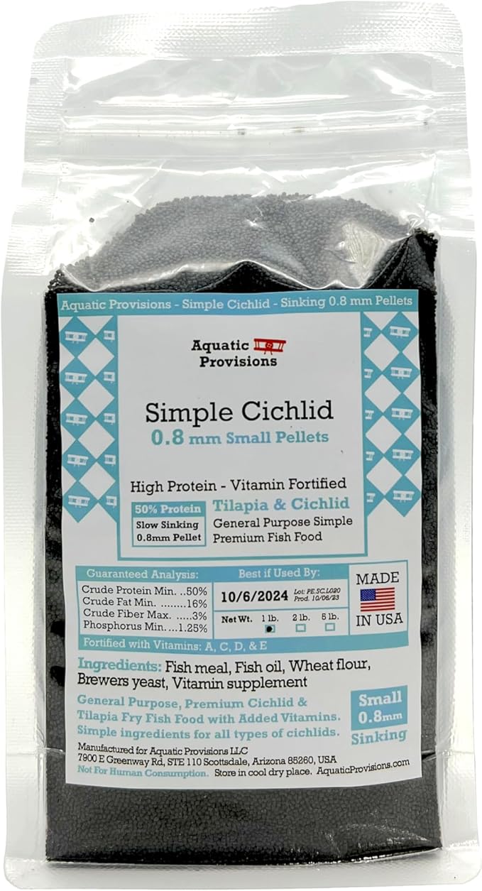 Aquatic Provisions Simple Cichlid 0.8mm Sinking, 1 lb. Small Pellets Fish Food