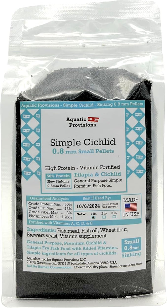 Aquatic Provisions Simple Cichlid 0.8mm Sinking, 1 lb. Small Pellets Fish Food