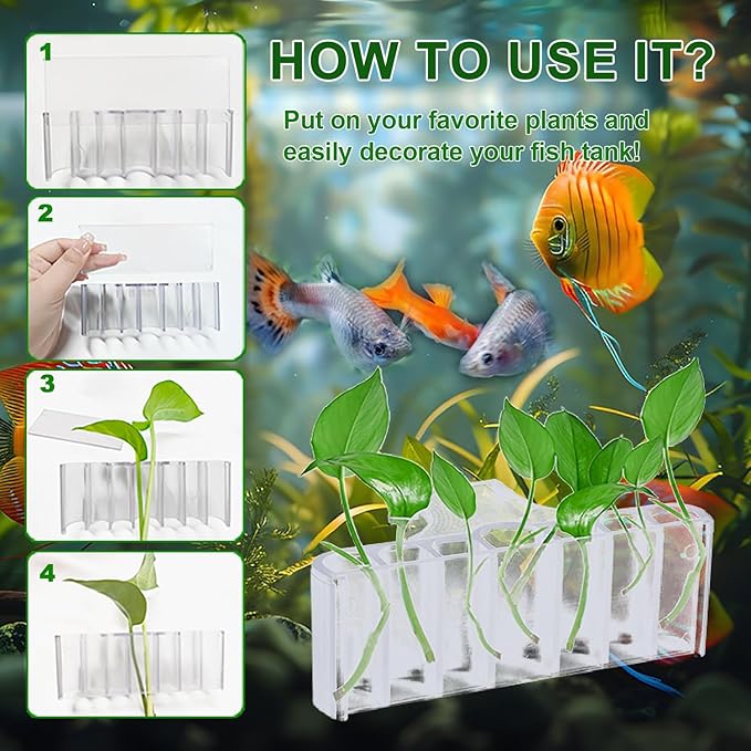 2PC 7 Holes Upgraded Aquarium Plant Holder, Aquatic Plants Cup for Tank, Fish Tank Plant Holder with Long Hook, Aquarium Feeder for Aquascape Decorations on Top of Tank (Transparent-2PC)