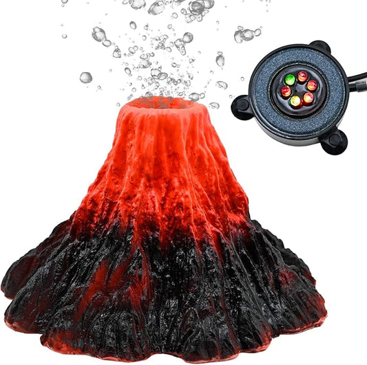 Aquarium Volcano Ornament Kit,Bubbler Decoration for Fish Tank Resin Volcanic Decoration with Air Stone Bubbler Colorful LED Light