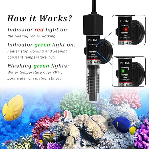 PULACO 25Watt Mini Aquarium Submersible Betta Heater with Free Thermometer Strip for 1-6 Gallon Fish Tanks (Preset Temperature 78℉)