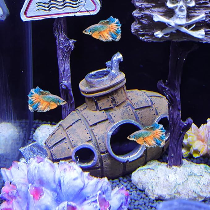 Resin Submarine Ornament: Safe Multi-Level Hideout + Spawning Caves for Aquariums, Boosts Cherry Shrimp Breeding Success, Protects Small Fish & Crabs (Fresh/Saltwater)