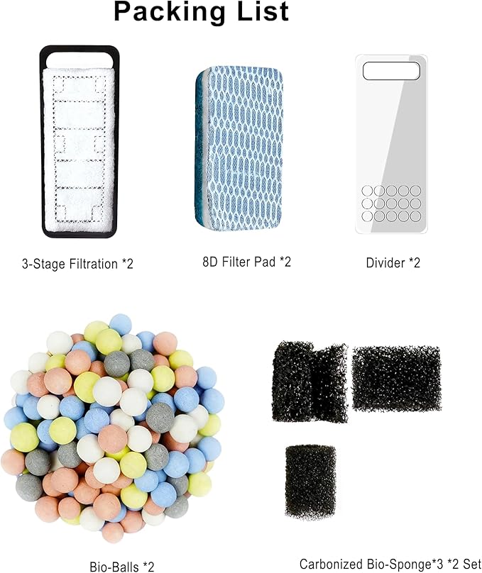 2 Pack Aquarium Filter Media, Including 8D Pad, Pre-Filter Sponge, Bio Sponge, Bio Balls, for Small Filter