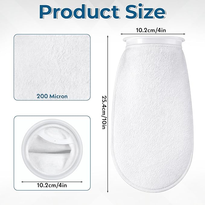 6 Pcs 4" Filter Sock for Saltwater Aquarium, 4 Inch Ring by 10 Inch Long Filter Socks 200 μm Reusable Aquarium Filters Bags for Fish Tank, Sump, Freshwater Aquariums (White)