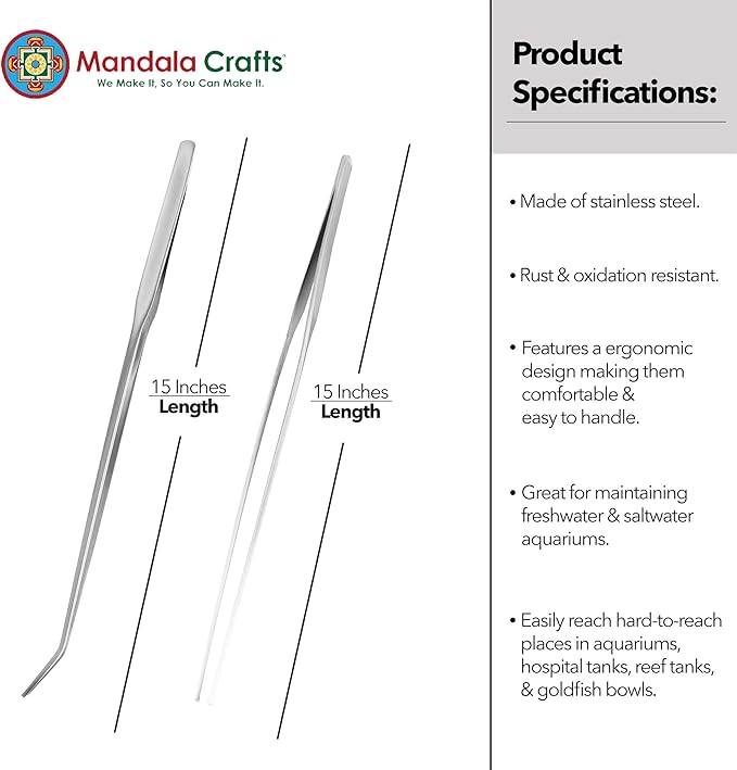 Mandala Crafts 15 Inches Silver Stainless Steel Straight and Curved Aquarium Tweezers for Aquatic Plants – Long Aquascape Forceps for Fish Tanks, Hospital Tanks, Goldfish Bowls, and Terrariums