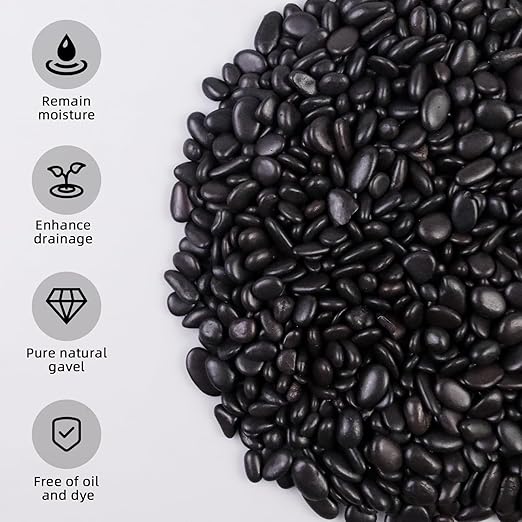 5lb River Rocks Polished Silica Gravel for Plants, Garden Decorative Pebbles Ideal for Fish Tank, Vases, Succulents, Crafting, Home Decor and Garden Landscaping, Polished Black