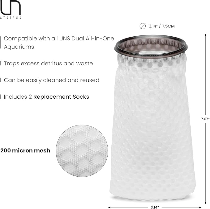 Ultum Nature Systems Filter Sock Replacement - 200 Micron 3D Honeycomb Mesh AIO Aquarium Socks for Reef/Marine/Saltwater/Freshwater Fish Tanks, Aquatic Water Filtration - Honeycomb, 3.14x7.67” (2 Pc)