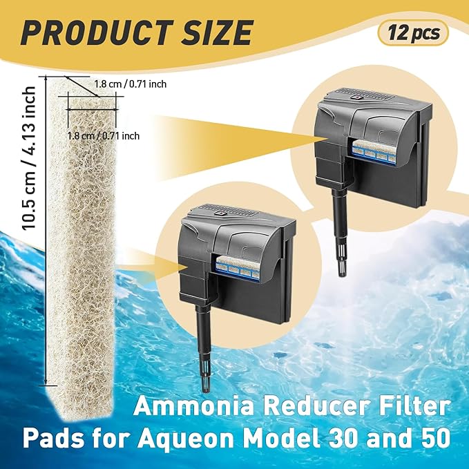 12 Count Ammonia Reducer Filter Pads for Aqueon - Replacement Filter Cartridges Small for Aqueon QuietFlow LED PRO Model 30 and 50