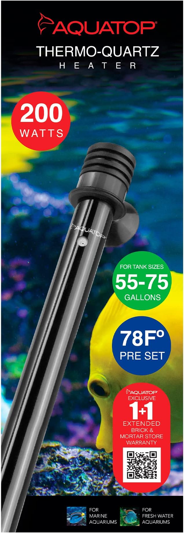 Aquatop 200W Thermo-Quartz Electronic Heater - Fully Submersible for Fish Tanks Up to 75 Gallons, Preset 78F Electric Thermostat, Fresh & Saltwater Use, Aquarium Heaters, TQ-200W