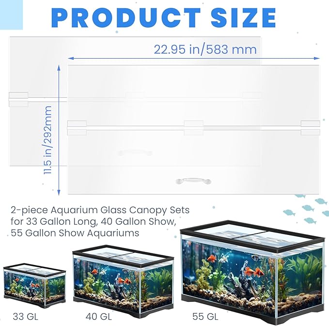 Sieral Aquarium Lids Polycarbonate Canopy 2 Pieces Set 22.95 x 11.5 x 0.12 inch for 33/40/55 Gallon with Center Brace Aquariums Cover Fish Tank Lid with a Hook Knife, Clear
