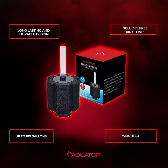 Aquatop Internal Sponge Filter – Up to 180 Gallons – CAF-180 – Includes Free Air Stone – Mechanical & Biological Filtration – High Flow Rates