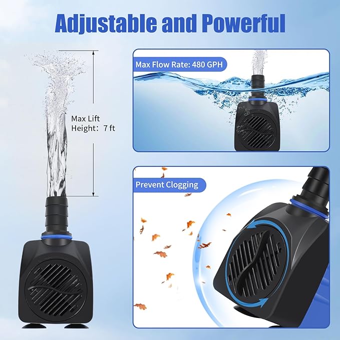 AQUANEAT Small Fountain Pump, 480 GPH Submersible Water Pump for Aquarium Fish Tank, Outdoor Water Fountain, Hydroponics, Pond Filter Pump