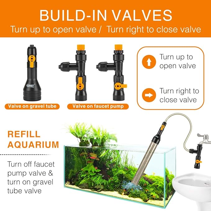 hygger Bucket-Free Aquarium Water Change Kit Fish Tank Siphon Gravel Vacuum Cleaner with Long Hose Water Changer Maintenance Tool 25-FEET Plastic Fitting