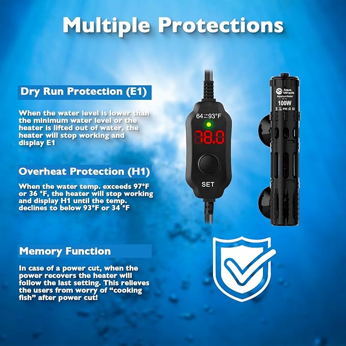 AquaMiracle Submersible Aquarium Heater, 100W Fish Tank Heaters with LED Digital Temp Display, Dry-Run Auto Power-Off & Overheat Protection, for Freshwater and Saltwater Tanks (10-20 Gal)