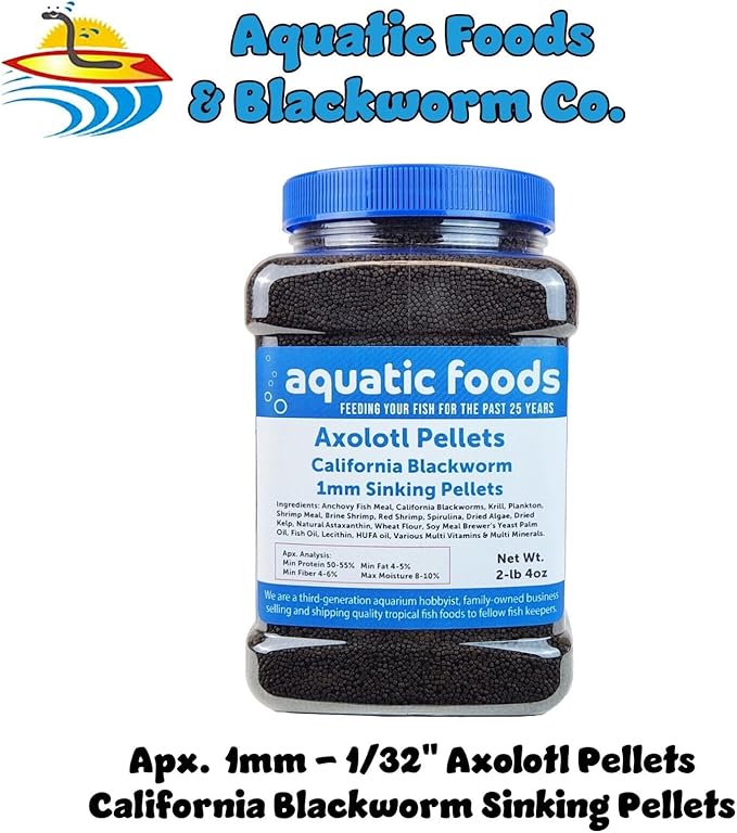 Axolotl Blackworm Pellets. 1mm-1/32 Sinking California Blackworm Micro Pellets for Baby Axolotl, Frogs, Shrimp, Salamanders, Newts, Snails…2-lbs 4oz Jar