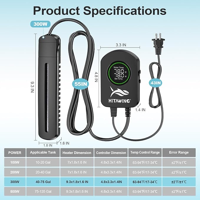 HiTauing Aquarium Heater, 100W/200W/300W/500W Fish Tank Heater with Upgraded LED Large Display, Up/Down Control Buttons and Intelligent Leaving Water Automatic Power-Off for Saltwater and Freshwater