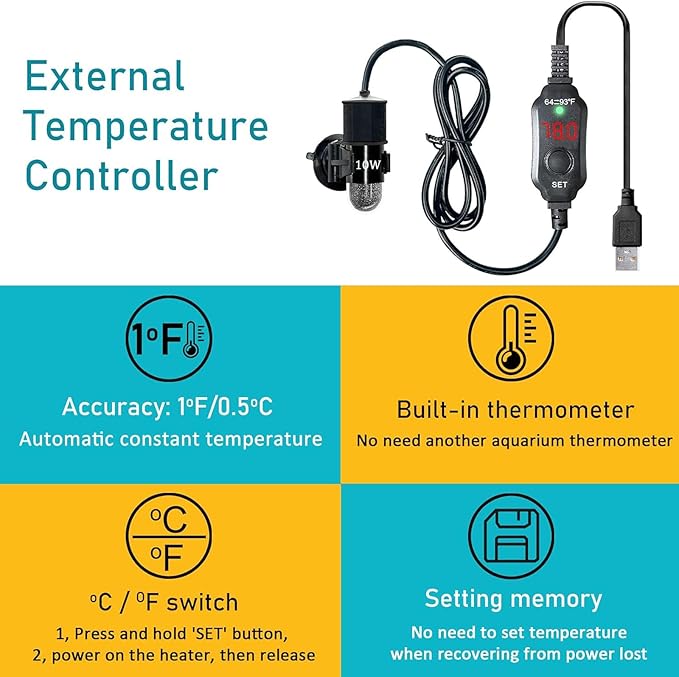 Mini Submersible Aquarium Heater, 25/50/100/150/200/300 Watts Adjustable Fish Tank Heater, Built-in Thermometer, External Temperature Controller, Smart Memory (10 Watts(USB))