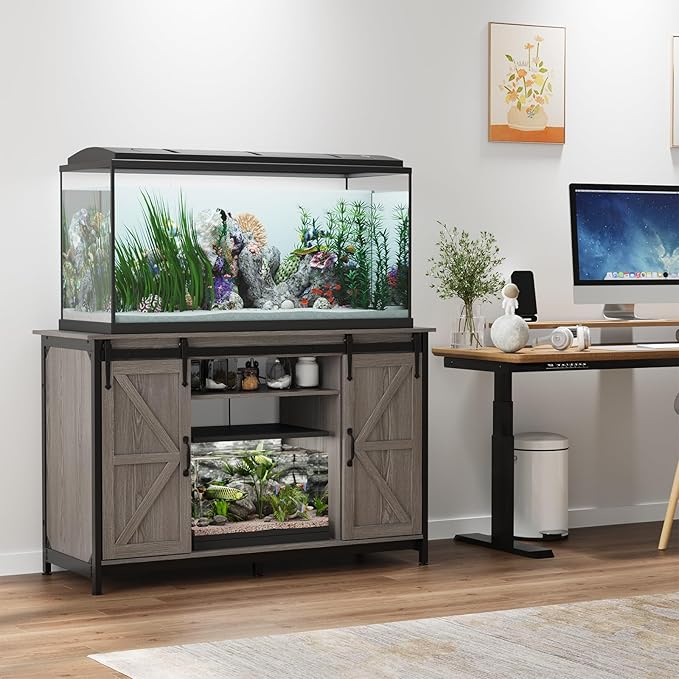 VOWNER Farmhouse 55-75 Gallon Fish Tank Stand with Power Outlet, Aquarium Stand with Storage Cabinet and Sliding Barn Door, Heavy Duty Reptile Tank Stand, for 2 Tanks, 1000LBS Capacity, Grey