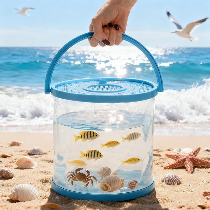 ZAVOOS 2 Pack Foldable Small Aquarium, Plastic Portable Fish Tank with Lid, Clear Fish Transport Container Fishing Bucket for Catch Release, Beach Travel, Lake, Outdoor, Blue