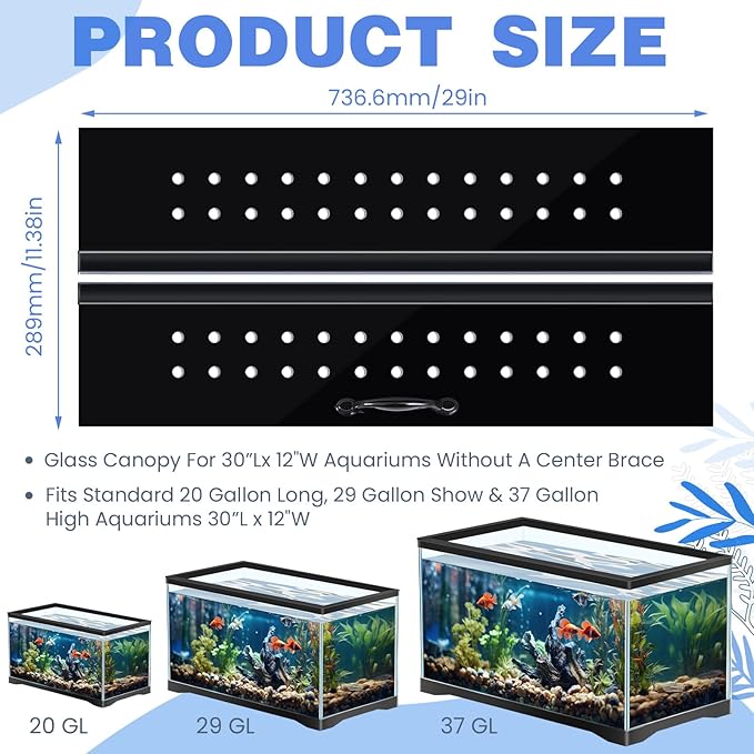Sieral Aquarium Polycarbonate Canopy Set 29 x 11.38 x 0.12 Inch for 20/29/37 Gallon Without Center Brace Aquariums Cover Fish Tank Lid with a Hook Knife, Breathable Hole, Handle(Black)