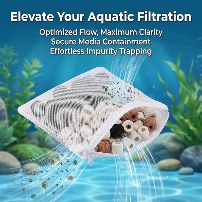 10PCS Aquarium Filter Media Bags with Drawstring Zipper, Reusable Fine Mesh Bags for Activated Carbon, Bio Balls, Ceramic Rings, Substrate, Fish Tank Filter Accessories