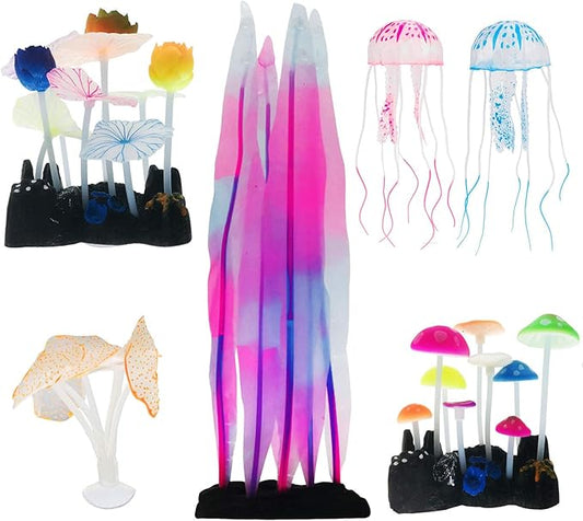 Cayway 6 Pack Aquarium Fish Tank Glowing Simulation Coral Plant Ornaments - Glowing Silicone Mushroom Lotus for Fish Tank, Aquarium Landscape