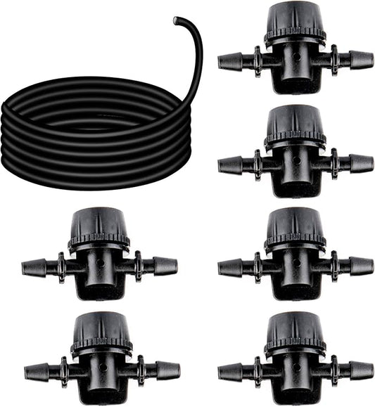 6 Units Adjustable Aquarium Micro Valve air Control Barb Hose Connector and 118 inch Black Aquarium Soft Silicone Airline tubing Hose