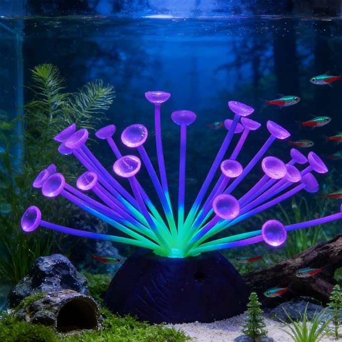 Suction Cup Anemone Aquarium Decor with Silicone Tentacles, Realistic Coral Reef Ornament for Saltwater and Freshwater Fish Tanks, Flexible Habitat for Shrimp, Invertebrates & Aquascaping (Purple)