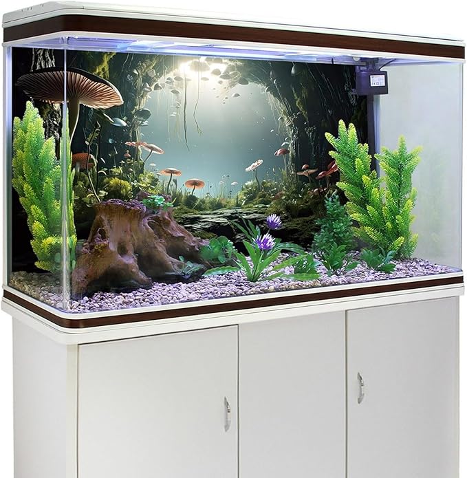 AWERT 48x24 inches Aquarium Background Foggy Stone Mushroom Moss Terrarium Background Polyester Green Plants Cave Fish Tank Background