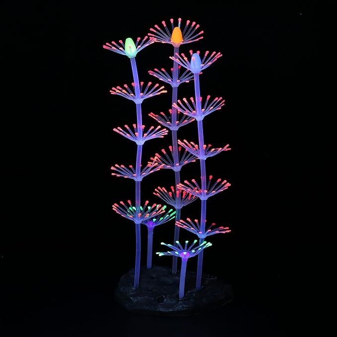 Glowing Fish Tank Decorations Plants, 4 pcs Aquarium Ornaments - Purple Coral, Rainbow Sea Urchin Ball/Small, Green Kelp, Pink Feather Coral