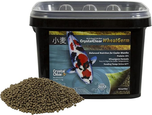 CrystalClear WheatGerm Fish Food—Protein-Rich Floating Pellets for Cold Freshwater Ponds, Ideal in Cooler Spring & Fall Seasons - 2.2 Pound Bucket