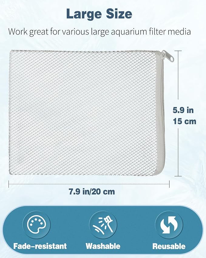 Pawfly 8 Pack Aquarium Filter Media Bags, Fish Tank Fine Mesh Bag with Plastic Zipper Aquarium Reusable Mesh Bag for Activated Carbon Bio Filter Balls Filter Stones Ceramic Rings, White, 7.9" x 5.9"