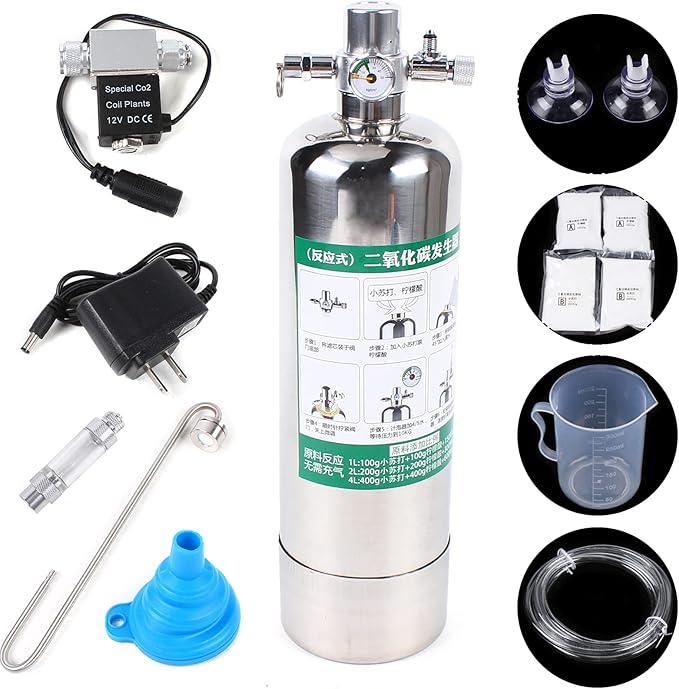 2L Co2 Generator System with Dual Gauge Display Pressure Gauge, DIY Co2 Generator System Kit w/6.56ft Air Hose, Automatic Pressure Relief Valve Bubble Counter for Plants Aquarium, Stable Output