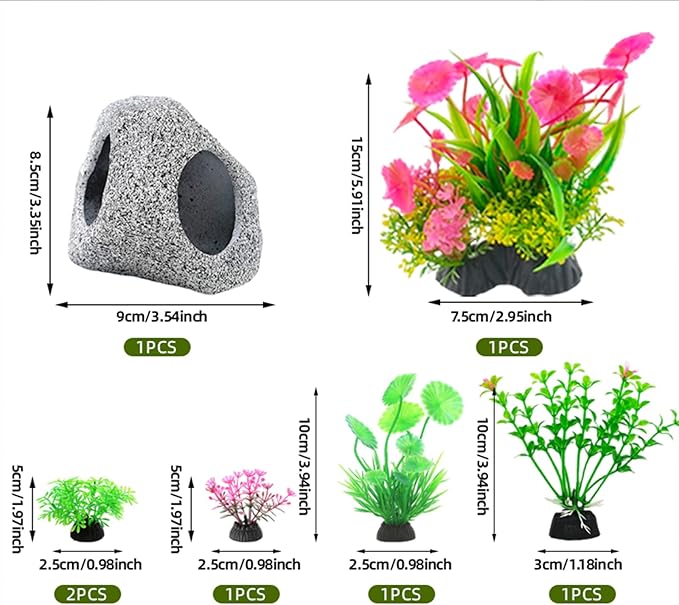 Fish Tank Decorations kit, Aquarium Decor Hideaway Rock Cave x 1pc, Fish Tank Accessories Aquatic Plants x 6pcs