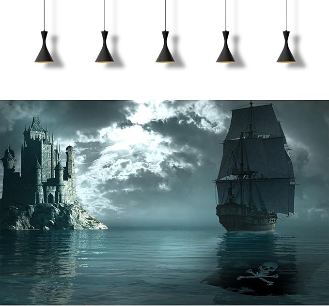 Pirate Ship Aquarium Background Night Gothic Castle Scenery Fish Tank Background Cloudy Vintage Black Pirate Ship Futuristic Ocean Night Landscape Terrarium Backgrounds for Home Tank Decors 24x12in