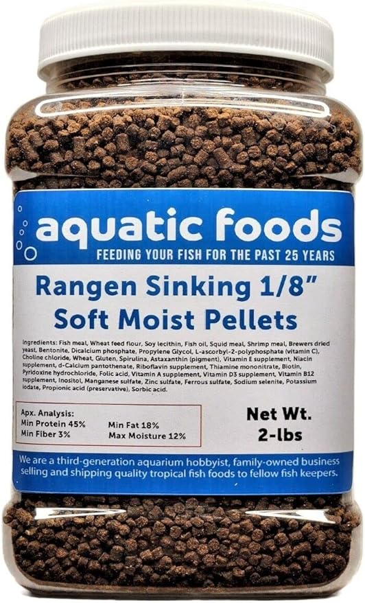 1/8" Soft Moist Sinking Salmon Pellets for Juvenile Axolotls, Shrimp, Snails, Crabs, Small Amphibians, Bottom Tropical Fish...2-lb Med Jar