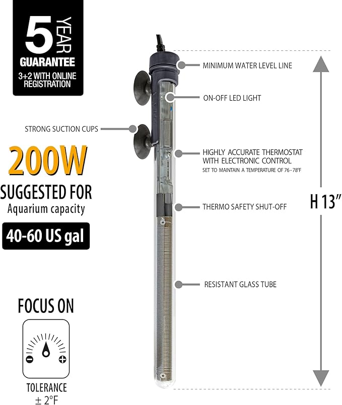 Sicce Scuba 200 Watt Aquarium Fish Tank Heater Preset at 77℉ for Up to 60 Gallons | 200W Submersible for Marine Saltwater and Freshwater | Run Dry Protection
