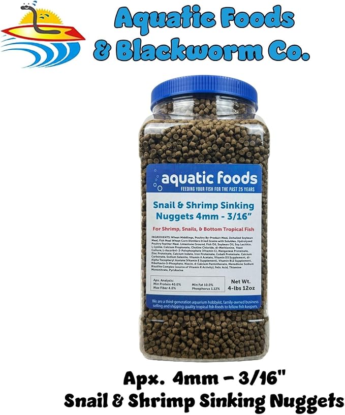 Snail & Shrimp 4mm Sinking 40% Protein Nuggets. Ideal for All Snails, Shrimp and Bottom Tropical Fish…4-lbs 12oz Jar