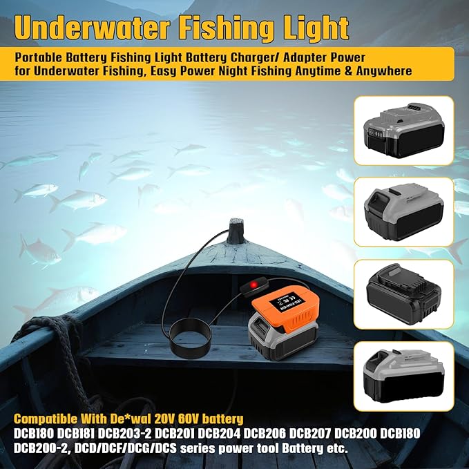 Underwater Fishing Light White LED Compatible with Dewalt 20V 60V Battery Lure Bait Light Submersible Night Boat Waterproof IP68 in Freshwater and Saltwater with 16.4FT