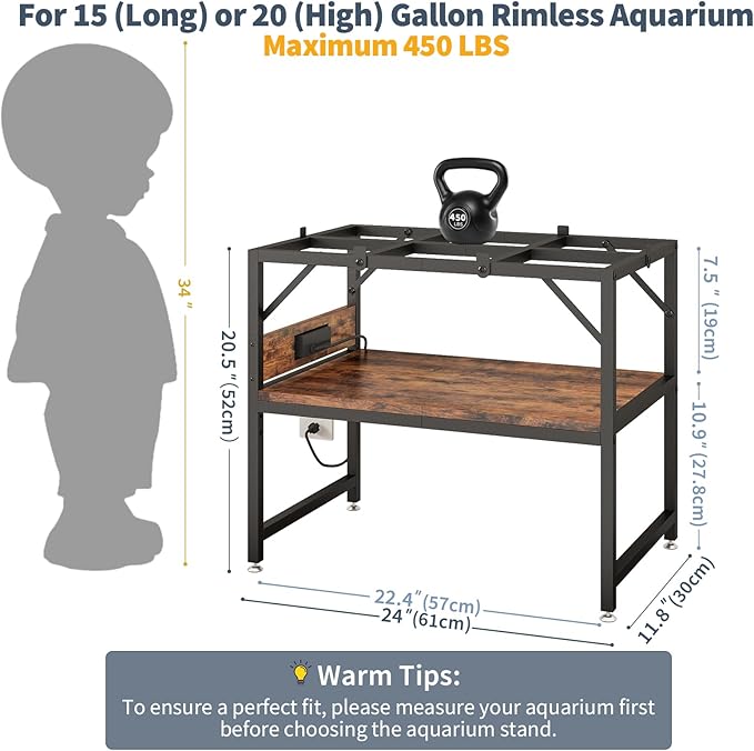 15-20 Gallon Fish Tank Stand with Power Outlets,Aquarium Stand with 2-Tier Storage Shelves,Heavy Metal Reptile Turtle Tank Stand,Fish Tank Shelf,450LBS Capacity,24”L×11.8”W×20.5”H,Rustic Brown