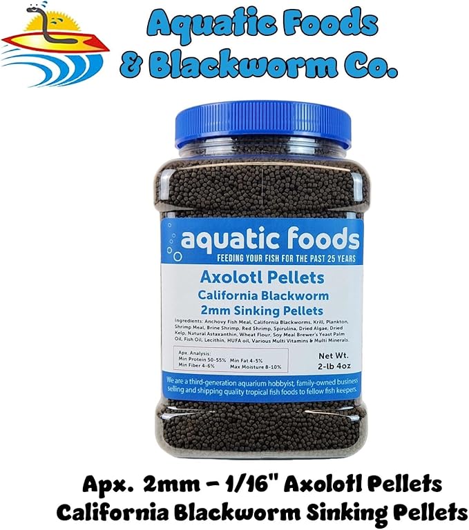 Axolotl Blackworm Pellets. 2mm-1/16 Sinking California Blackworm Small Pellets for Small Axolotl, Frogs, Shrimp, Salamanders, Newts, Snails…2-lbs 4oz Jar