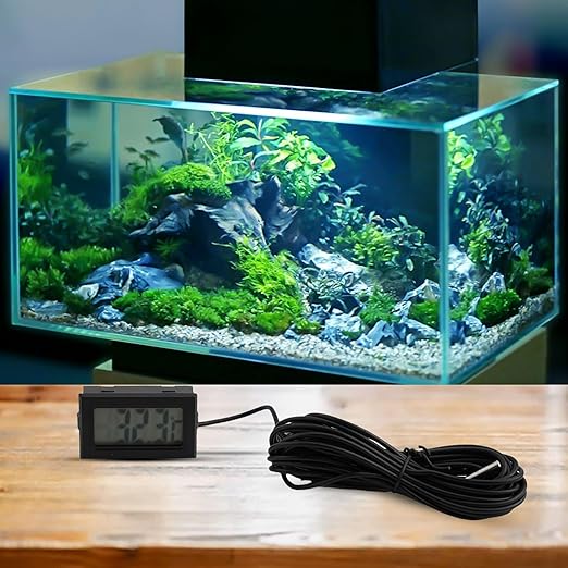 Digital Thermometer with Probe -50 to +110°C, Waterproof Sensor for Aquariums and Terrariums, LCD Display, 1m to 5m Cable, Black(5 meters)
