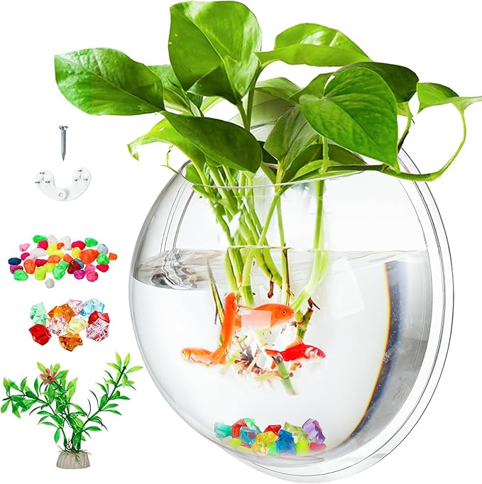 WUWEOT Hanging Fish Bowl, 9'' Acrylic Wall Mounted Fish Tank, 0.5 Gallon Hydroponic Air Plant Flower Pot, Transparency Bubble Vase Mini Aquarium Planter with Fake Plants and Colorful Stone