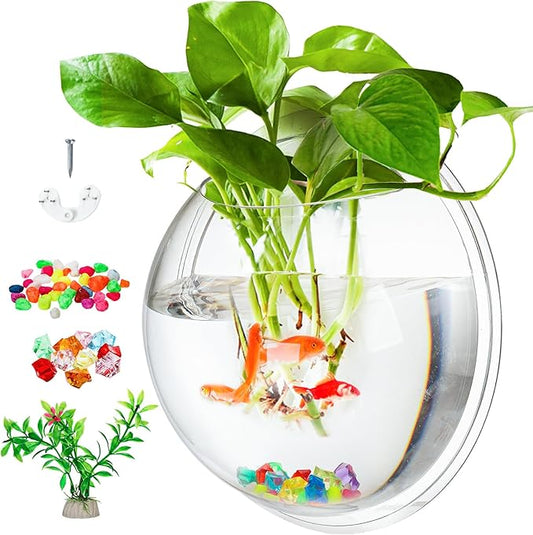 WUWEOT Hanging Fish Bowl, 9'' Acrylic Wall Mounted Fish Tank, 0.5 Gallon Hydroponic Air Plant Flower Pot, Transparency Bubble Vase Mini Aquarium Planter with Fake Plants and Colorful Stone
