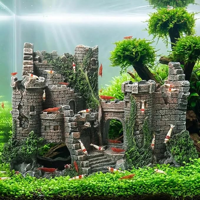 Aquarium Resin Castle Decoration, Air Bubbler Stone Cave Hideout House for Betta Fish, Shrimp & Turtles, Fish Tank Ornament Accessories for Breeding, Playing & Resting ，Decorative Bubbling Castle