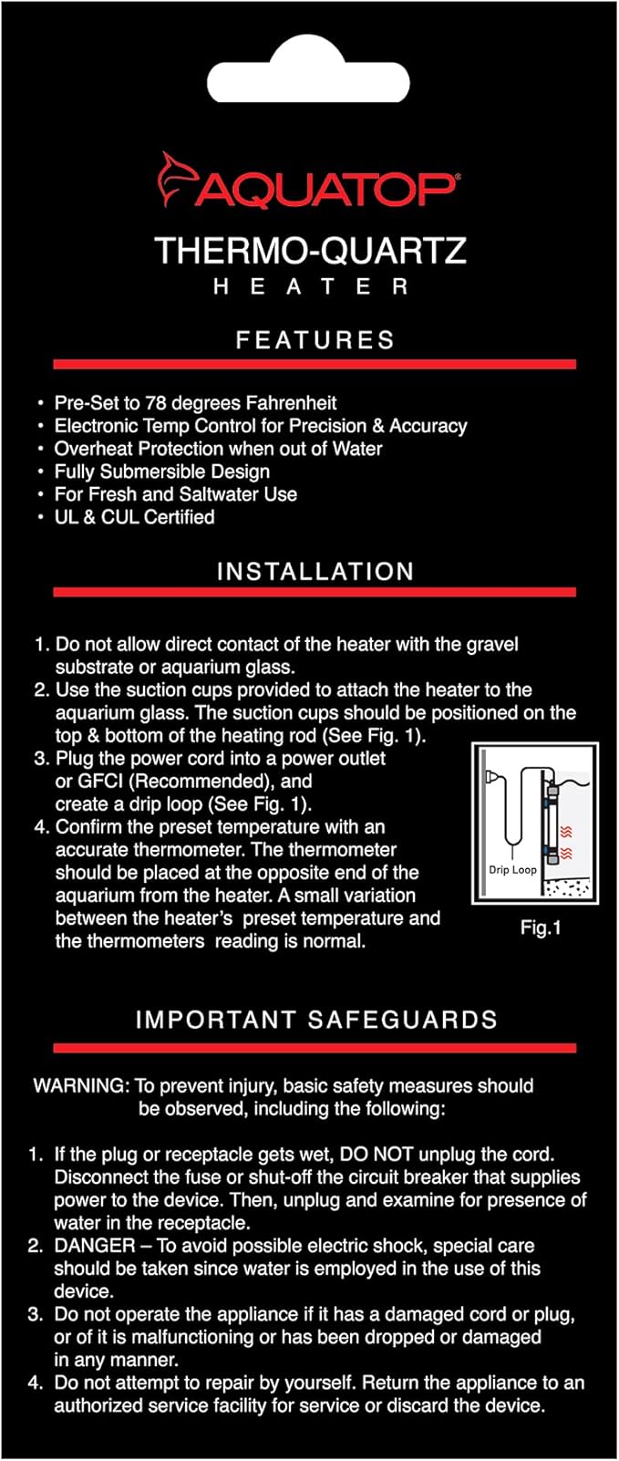 Aquatop 250W Thermo-Quartz Electronic Heater - Fully Submersible for Fish Tanks Up to 85 Gallons, Preset 78F Electric Thermostat, Fresh & Saltwater Use, Aquarium Heaters, TQ-250W