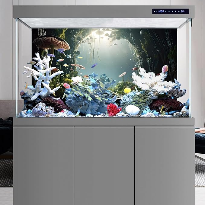 AWERT 30x18 inches Aquarium Background Foggy Stone Mushroom Moss Terrarium Background Polyester Green Plants Cave Fish Tank Background
