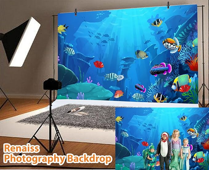 Renaiss Underwater World Aquarium Backdrop 12x8 ft Fabric Coral Reef Tropical Fish Mermaid Summer Party Photography Backdrop Under The Water Fish Tank Background for Birthday Baby Shower Decor