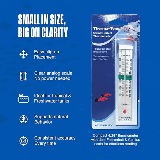 Penn-Plax Therma-Temp Stainless Steel Thermometer - Accurate Aquarium Thermometer - Easy to Read - Dual Scale for Freshwater and Saltwater Tanks - Rust-Resistant Clip-On Design - 4.25 Inches